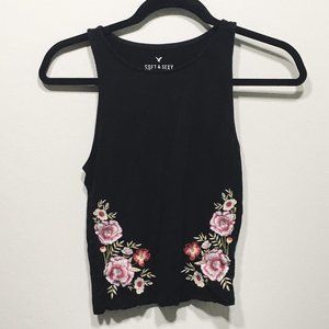 Embroidered Floral Black Tank- AEO Size S